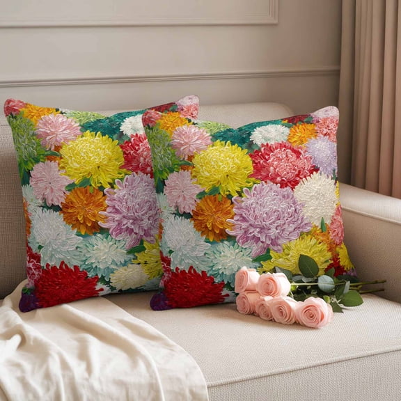 Outdoor Pillow Covers Oil Painting Style Chrysanthemums Waterproof Pillow Cases 18x18 Set of 2, Red Yellow Flowers Throw Pillow Cover Pillowcase for Patio Balcony Couch Garden