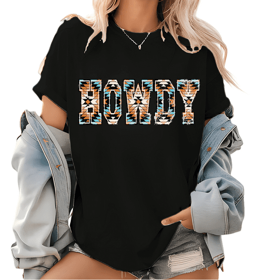 HOWDY AZTEC Print T Shirts for Womens Cowgirl Western Vibes Graphic Tees Short Sleeve Casual Cotton Tops for Daily Outfits Black,5XL