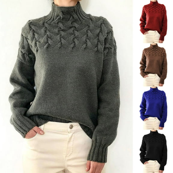 Women's Turtleneck Sweater Cable Knit Long Sleeve Casual Pullover Fall Winter Thermal Jumper Top for Daily Layering & Office Casual