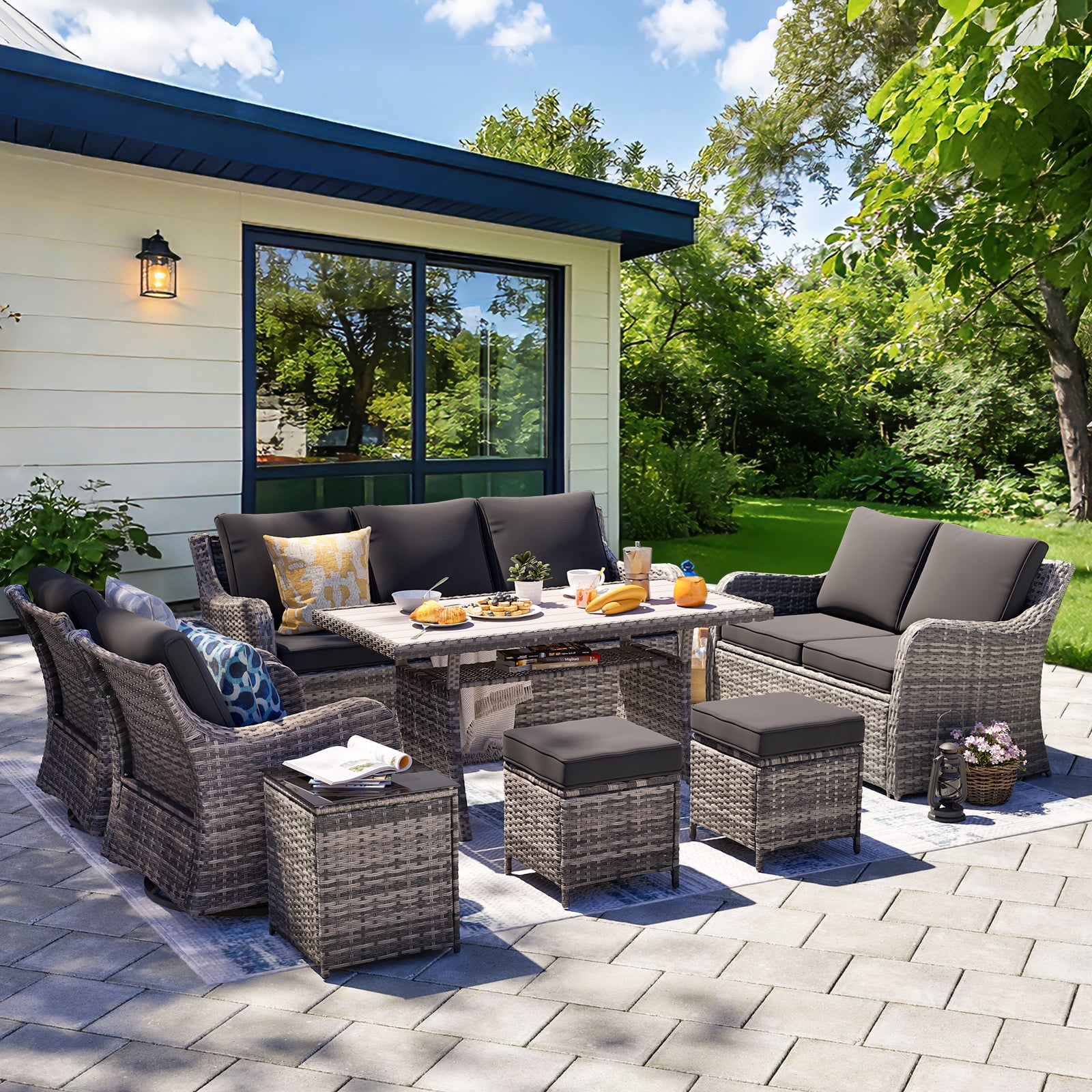 MEISSALIVVE 8 Pieces Patio Furniture Set with Dining Table, Outdoor Wicker Conversation Set with 3-Seat & 2-Seat Sofas, Wicker Armrest Swivel Chairs, 2 Ottomans, Black