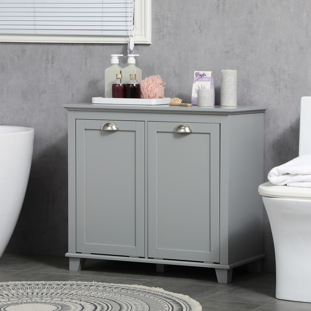 Tilt-Out Laundry Cabinet with 2 Hampers, Freestanding Laundry Sorter, Bathroom Storage Cabinet with Double Compartments, Gray