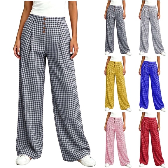 Women's Gingham Plaid Wide Leg Pants High Waist Casual Loose Trousers with Pockets for Daily Work Wear Trendy Street Outfit Yellow