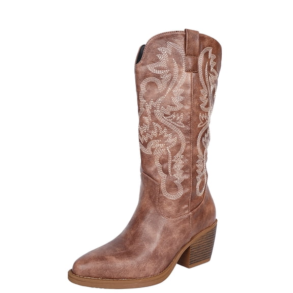 SACFOF Cowboy Boots For Women Western Cowgirl Boots Mid Calf Snip Toe Boot With Chunky Heel