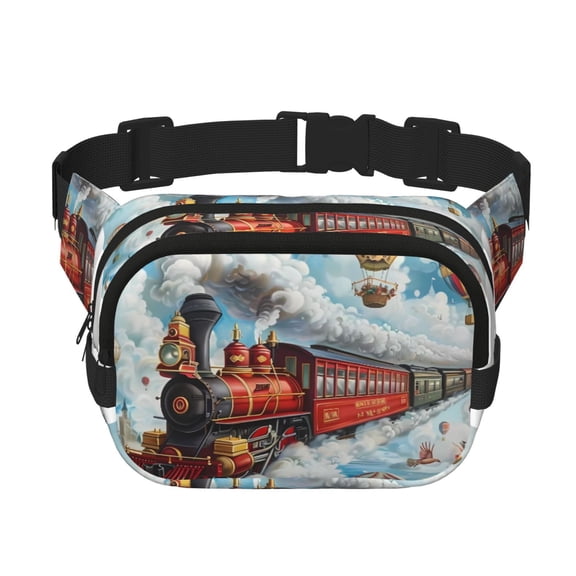 Kuqiui Red Train Hot Air Balloon Print Fanny Packs for Women Cross Body Waist Bag Fashionable Fanny Pack Designer Workout Hiking Waist Pack Running Travel Gym