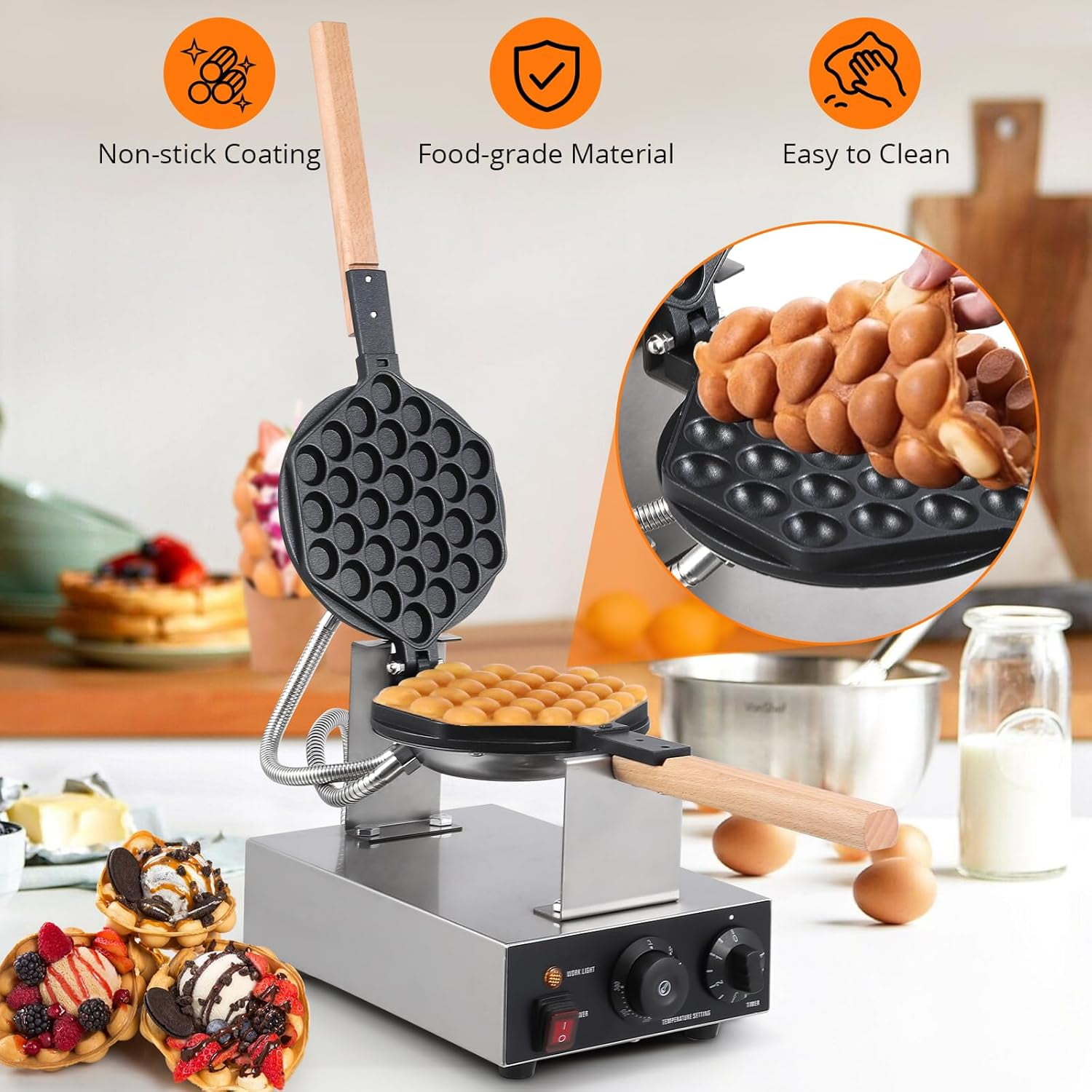 Bubble Waffle Maker, Electric Non Stick Egg Waffler Maker, 1400W Double-sided Heating Bubble Waffle Maker, Electric Bubble Waffle Baker for Home or Commercial Use