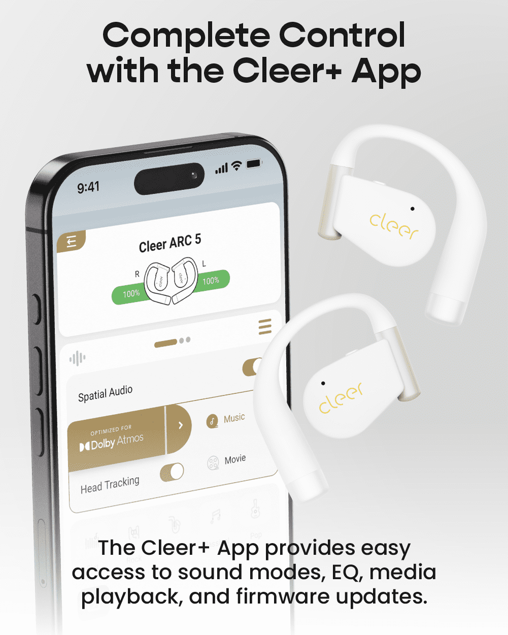 Cleer ARC 5 Open-Ear Wireless Earbuds with Ear Hooks, Dolby Atmos & THX Spatial Audio, 60H Battery, Fast Charge, IPX7 Waterproof Sports Headphones for Running & Workouts, White