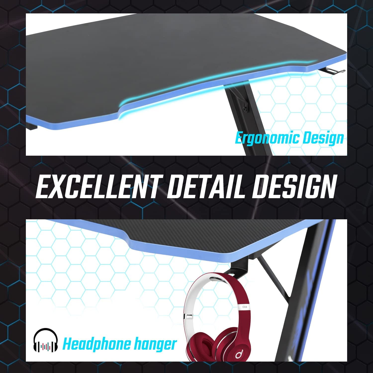 BestOffice 39 inch Z Shaped Ergonomic Gaming Desk with Headphone Hook for Adults,Blue