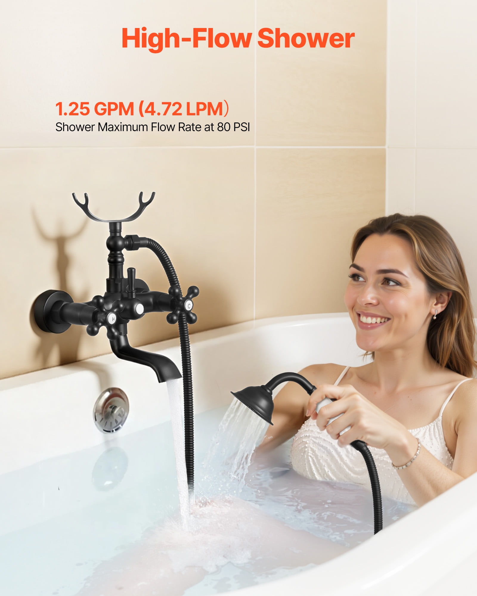 VEVOR Clawfoot Tub Faucet, Wall Mount Bathtub Faucets with Handheld Shower, Vintage Matte Black Clawfoot Tub Filler Faucet Shower Kit with Adjustable Swing Arms & 360° Rotation Spout for Bathtubs
