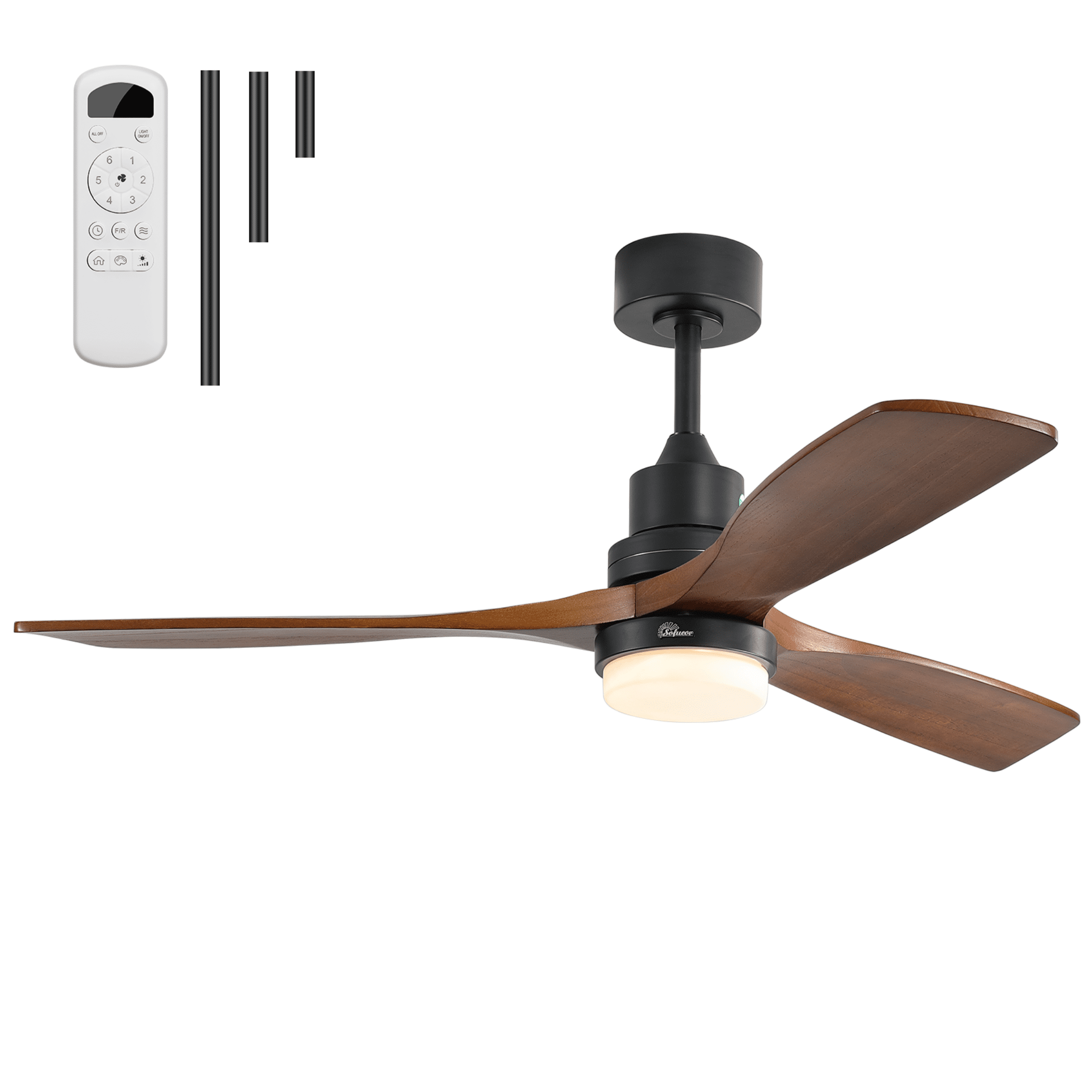 Sofucor 52 Inch Brown Black Modern Outdoor Indoor Farmhouse 3-Blade Ceiling Fan with Lights and Remote