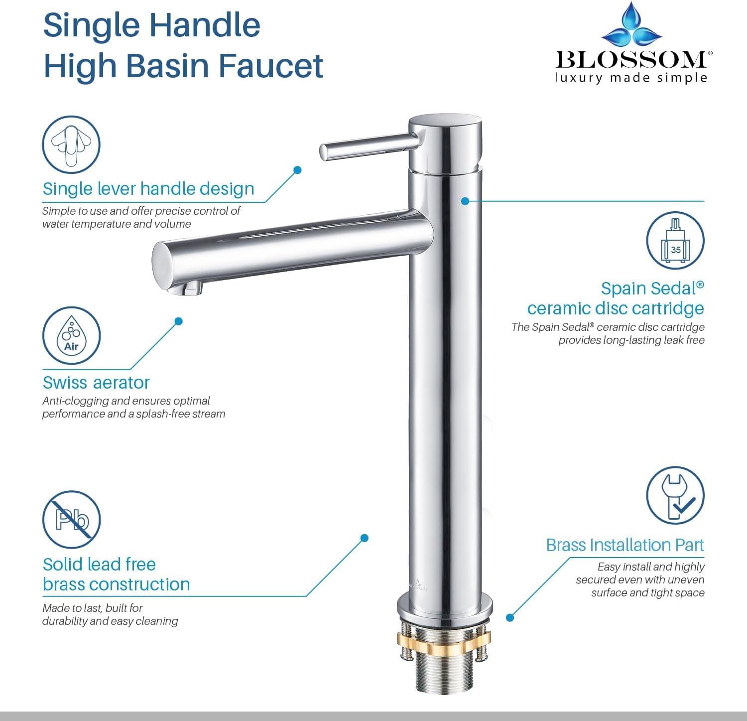 Blossom Brass Chrome Single Hole Bathroom Faucet