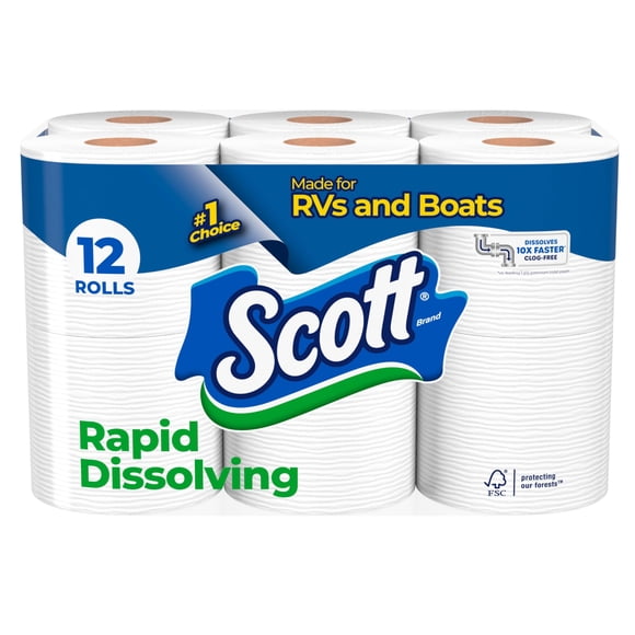 Scott Papel higiénico de disolución rápida, 12 rollos dobles, apto para sépticos, papel higiénico
