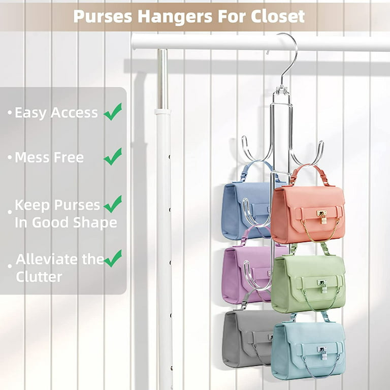 Bomutovy Purse Hanger Organizer for Closet, 2 Pack Handbag Storage Holder,  6 Top Swivel Hook Wrinkle-Free, Metal Hanging Space Saving Hook, Black