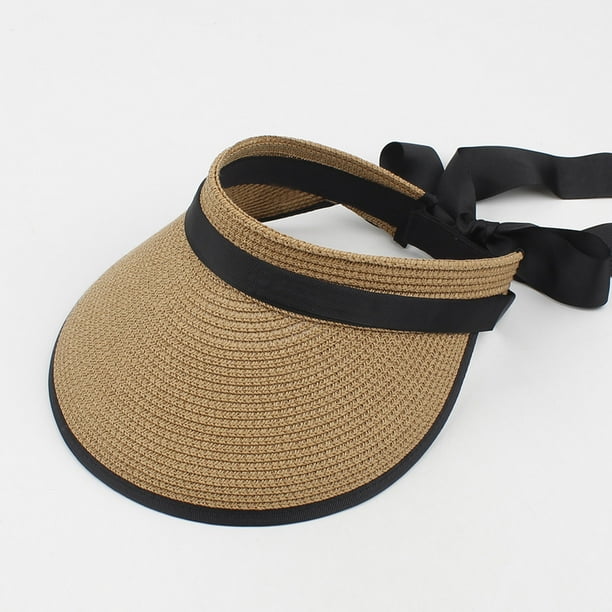 Sombrero de visera para mujer Sombrero de paja con lazo de ala ancha ajustable Sombrero de playa Tomshoo Café