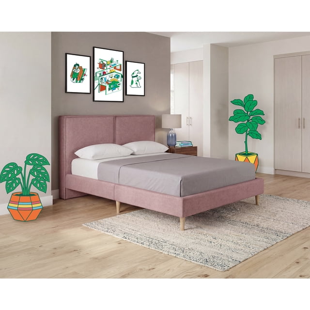 Base de Cama Matrimonial Makora Luma Rosa Tapizada en Tela Tipo Lino (No Incluye Colchón)