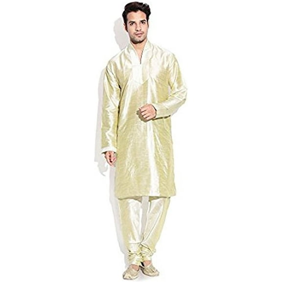 Royal Kurta Men's Silk Blend Hineck Kurta Churidaar Set Gold