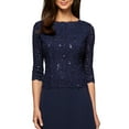 thumbnail image 5 of ALEX EVENINGS Womens Navy Lace Zippered Sequined Scalloped Lined Floral 3/4 Sleeve Crew Neck Full-Length Evening Gown Dress 6, 5 of 7