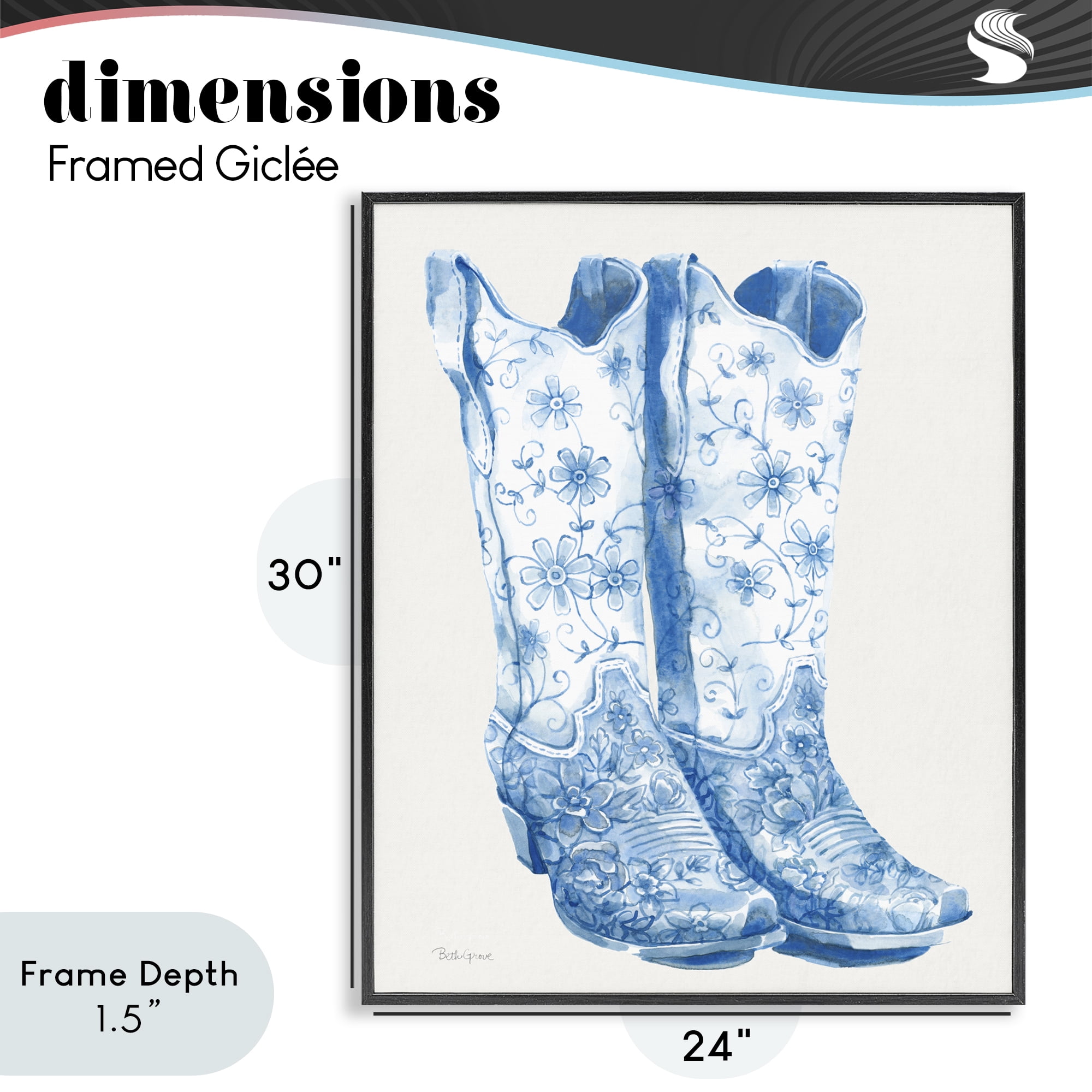 Stupell Industries Blue Boots with Floral Embroidery Black Framed Giclee Art, design by Beth Grove