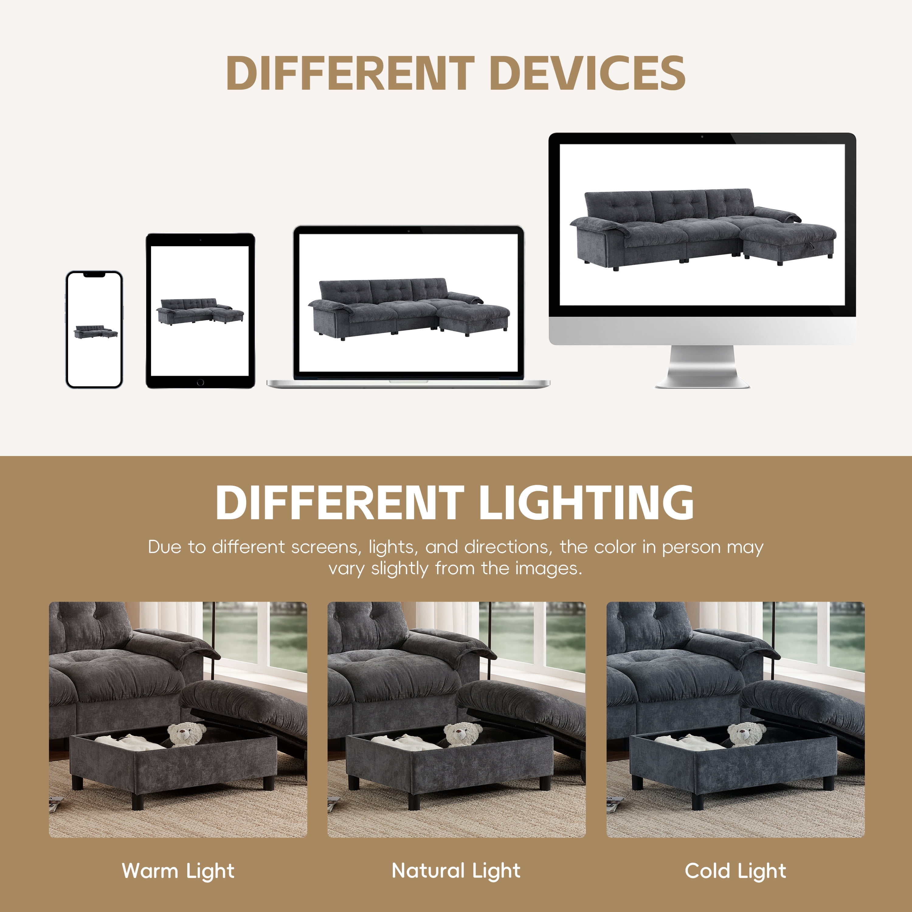 Sectional Sofa, L Shape Sofa, Tufted Sofa with Multifunction Pull-Out Armrest and Storage Ottoman, Chenille Couch with Side Storage Pockets, for Living Room, Dark Gray