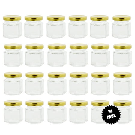- 7Penn Hexagonal Mini Glass Jar 1.5 Ounce with Lid & Labels 24-Pack