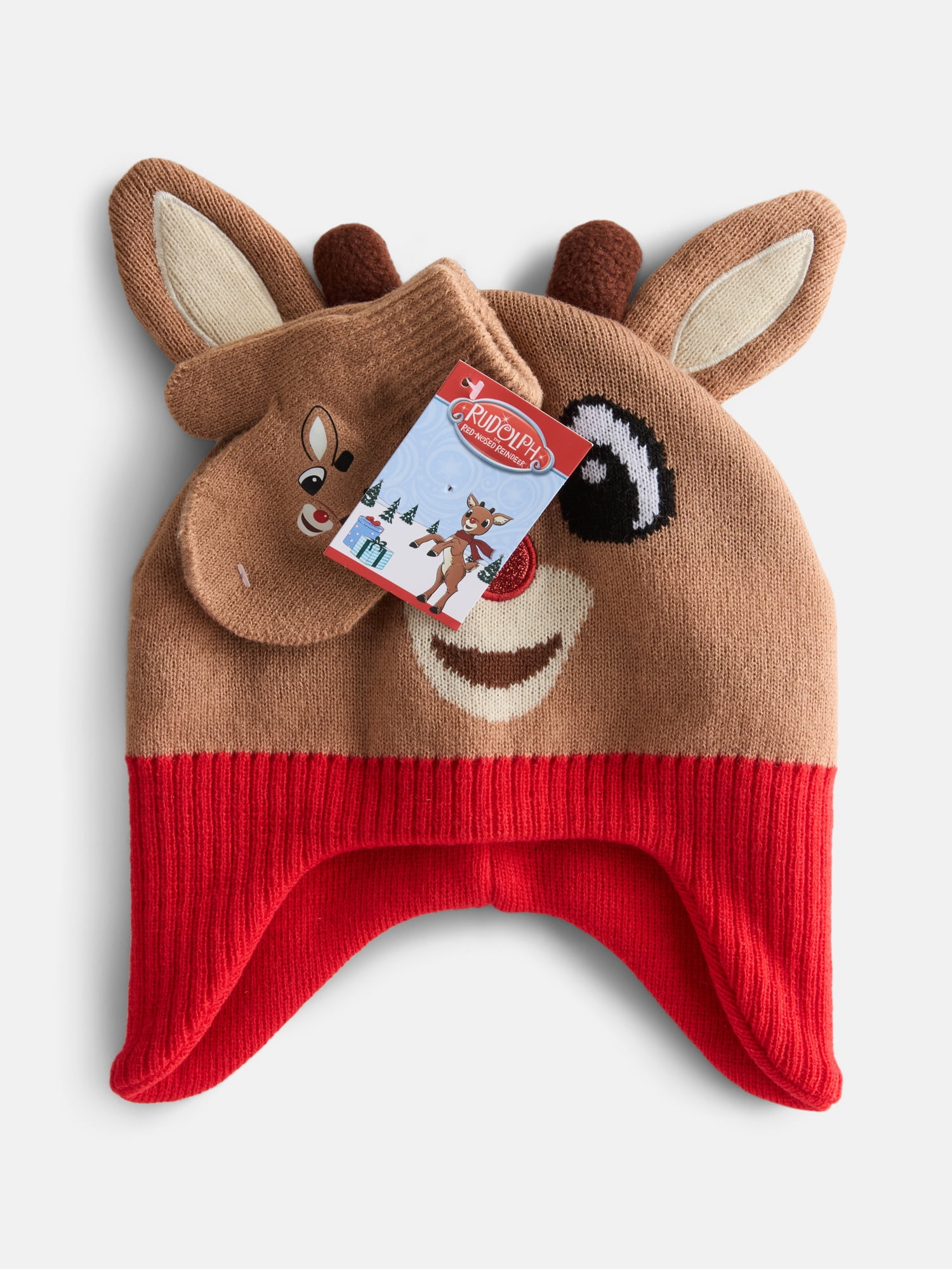 Rudolph the Red-Nosed Reindeer Toddler Girls Knit Beanie and Mitten Set, 2 Piece, One Size