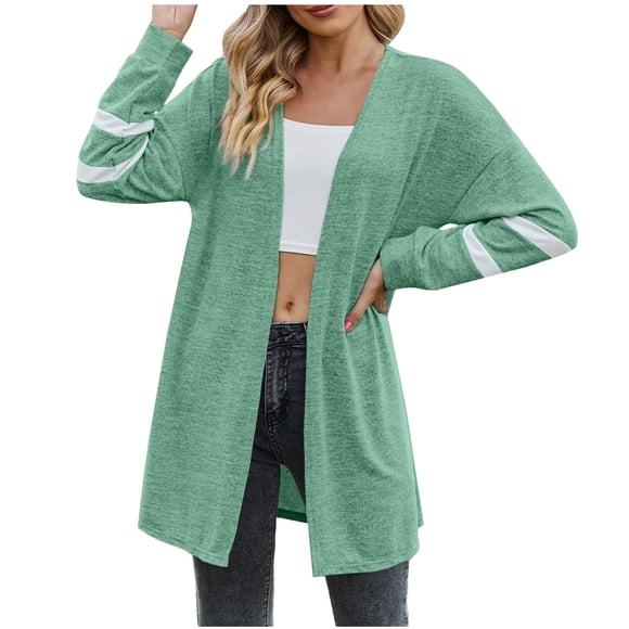 Cárdigan Umfun para mujer, liso, largo, tejido a rayas, con estampado, para vestidos, tops, ligero, con dobladillo alto y bajo, manga larga, verde M