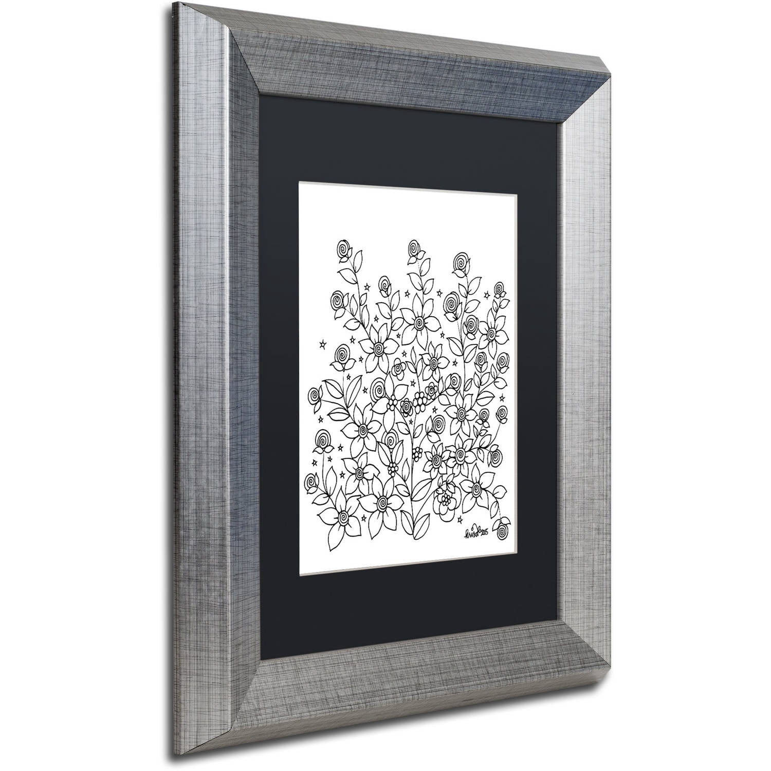 Trademark Fine Art "Simple Flower Doodle 2" Canvas Art by KCDoodleArt Black Matte, Silver Frame