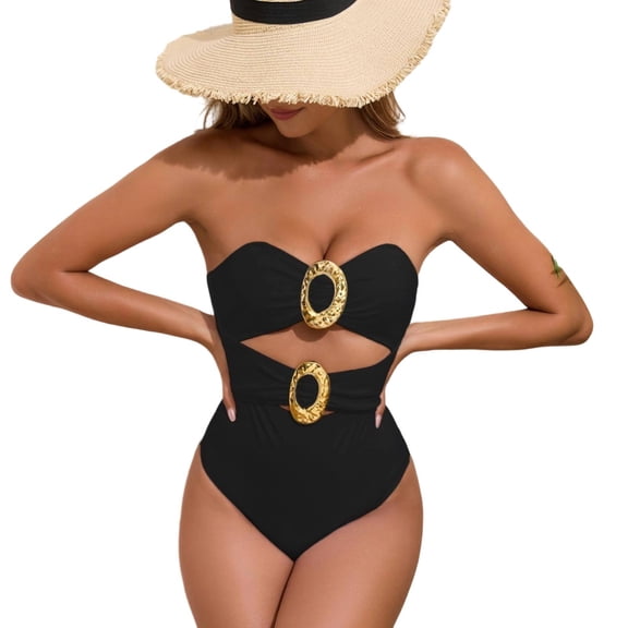 Purcolt One Piece Swimsuit Women Strapless Cutout Slimming Tummy Control Bathing Suit Ring Linked Cheeky High Cut Monokini Swimwear Trendy Beach Vacation Swim Suit