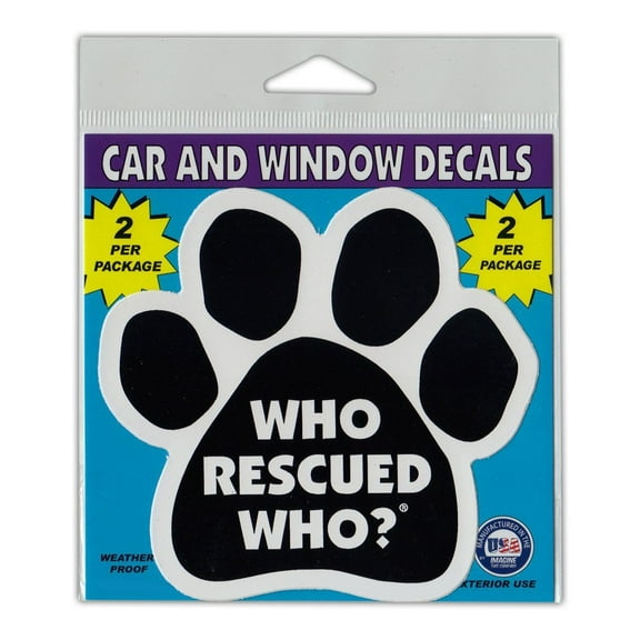 Window Decals, 2-Pack, Who Rescued Who? (Black Dog/Cat Paw), 4.5" x 4.25" Vinyl Stickers