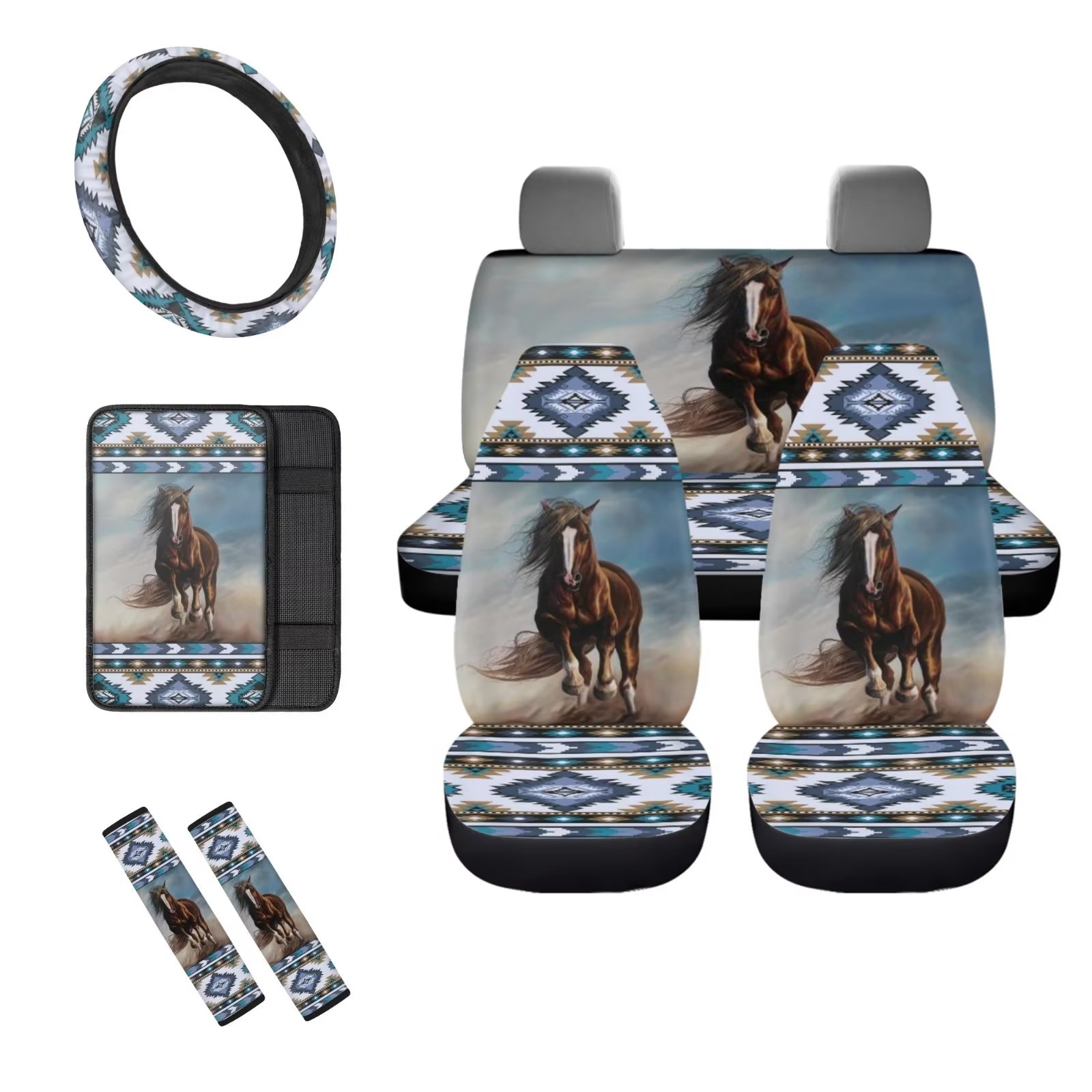 Binienty Western Horse Car Seat Covers Full Set with 4pcs Front Back Seat Decor,2pcs Aztec