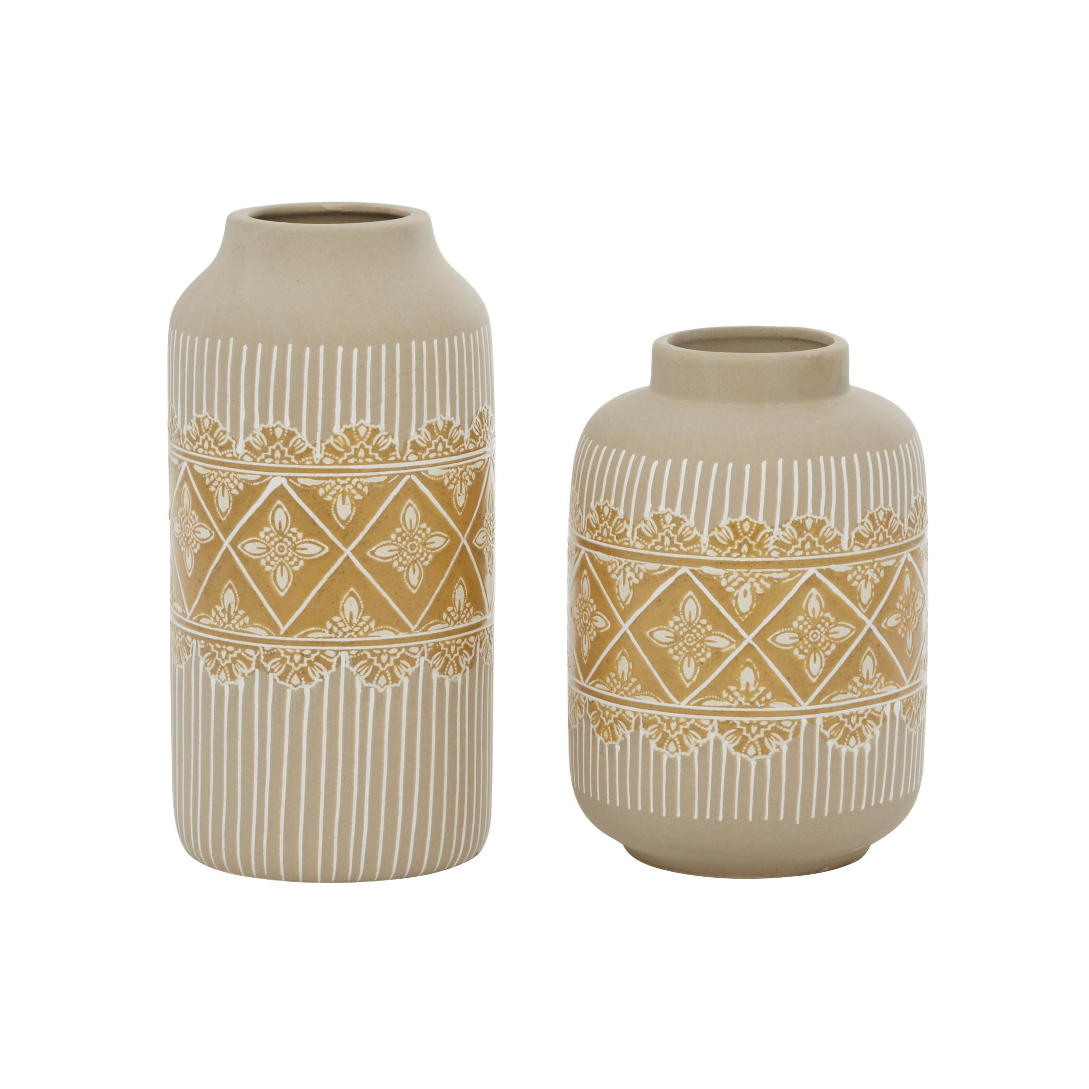 DecMode 9", 11"H Floral Handmade Beige Ceramic Vase with Diamond Pattern, Set of 2
