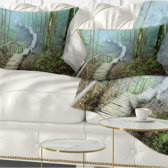 Designart Stairway Leading to Foggy Forest - Landscape Photography Throw Pillow - 12x20