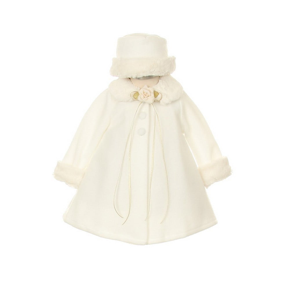 IVORY Cape Jacket Coat Baby Toddler Fleece Fur Trim Winter Party Flower Girl 