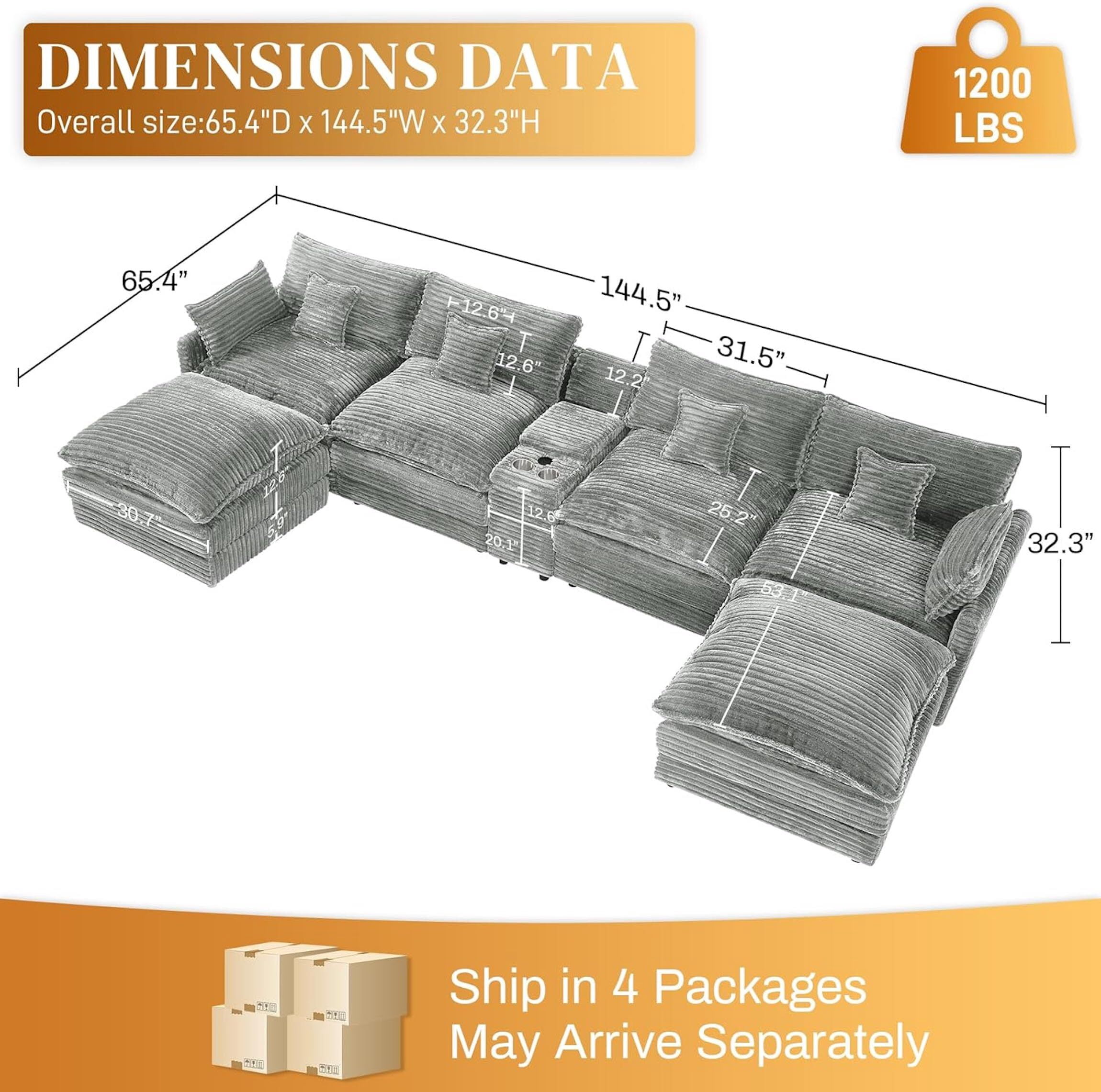 Vinform 145" U Shaped Cloud Couch Sectional with USB Charging, Hidden Storage, Cup Holders & Double Chaise, Light Grey