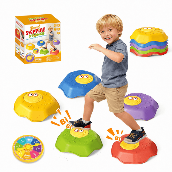 Adofi Stepping Stones for Kids, 5 PCS Non-Slip Toddler Balance Stones with Squeaky Sound, Obstacle Course Coordination Game Toys for Toddlers 3-5, Sensory Toys for Indoor & Outdoor Play