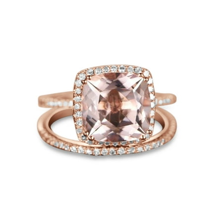 Diamond Wedding Sets 2 Carat 2 Carat Cushion cut Real Morganite and Diamond Bridal Wedding Ring Set with Engagement Ring and Wedding Band in 18k Gold Over Silver ()