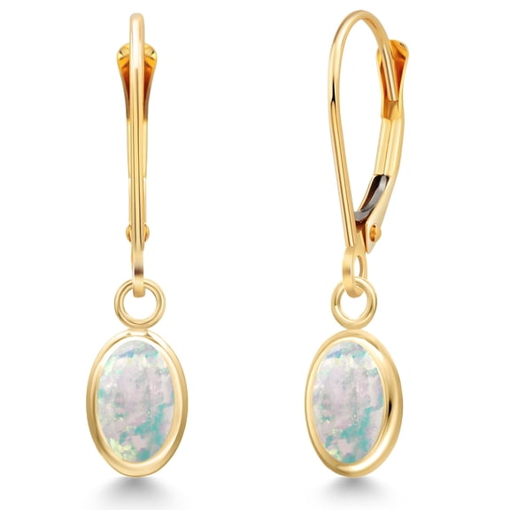 Gem Stone King 14K Yellow Gold Simulated White Opal Dangle Earrings for Women | 2.00 Cttw | Gemstone October Birthstone | Oval Cabochon 7X5MM