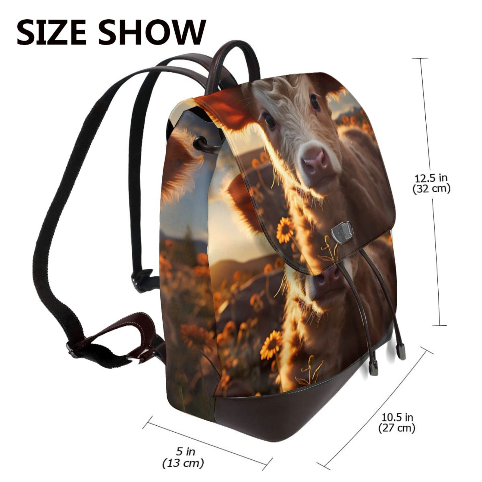 Xecao Sunset Sunflower Small Cow Print Large Backpack Soft Leather for Women Travel with Compartment, Adjustable Convertible Strap