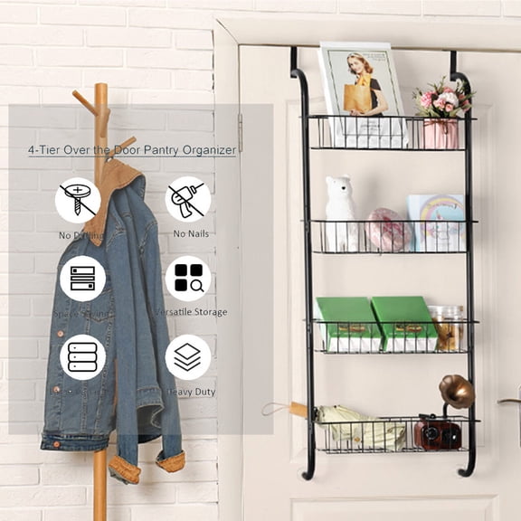 4 Tier Over The Door Organizer with Metal Basket Spice Rack for Kitchen Bathroom
