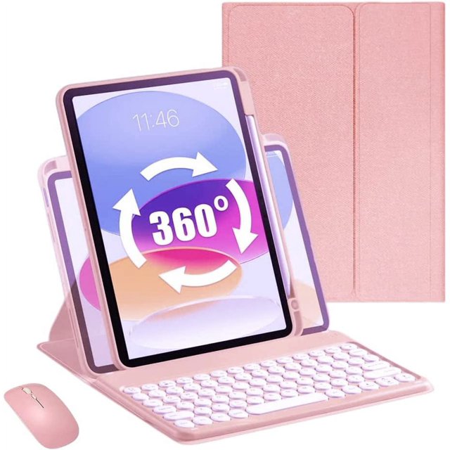 Timoom Funda para iPad Giratoria 360° de 9.ª/8.ª/7.ª Generación con Combo de Teclado y Mouse, Funda con Teclas Redondas Magnética y Teclado Inalámbrico Desmontable con Mouse y Soporte para Lápiz