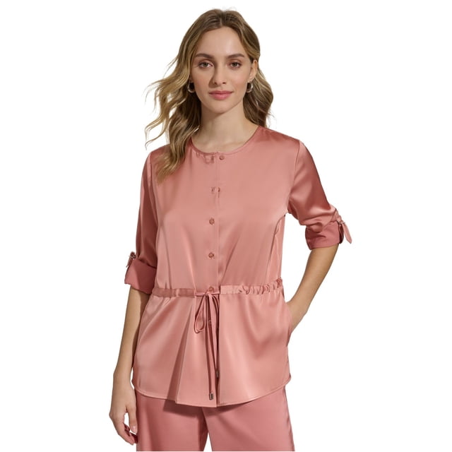 Calvin Klein Womens Satin Drawstring Waist Button Down Blouse, pink, XL