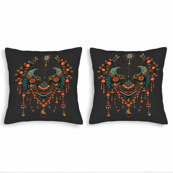 Set of 2 18x18in Throw Pillow Covers - Ornate Phoenix Design with Vibrant Colors Floral Motifs and Celestial for Couch Bed Car