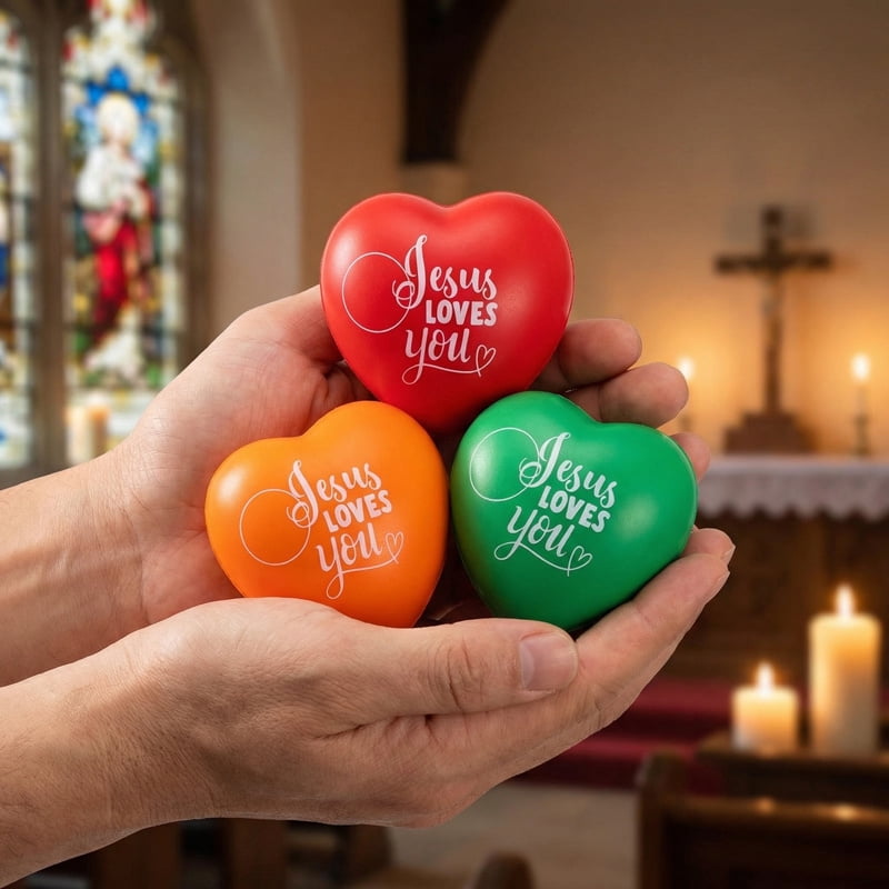 60 Pcs Jesus Loves You Heart Shaped Stress Balls,  1.57 Inch PU Foam Squishy Ball, Colorful Christian Gifts Bulk, Stress Relief Toys for Baptism Communion Religious Events Exam prep
