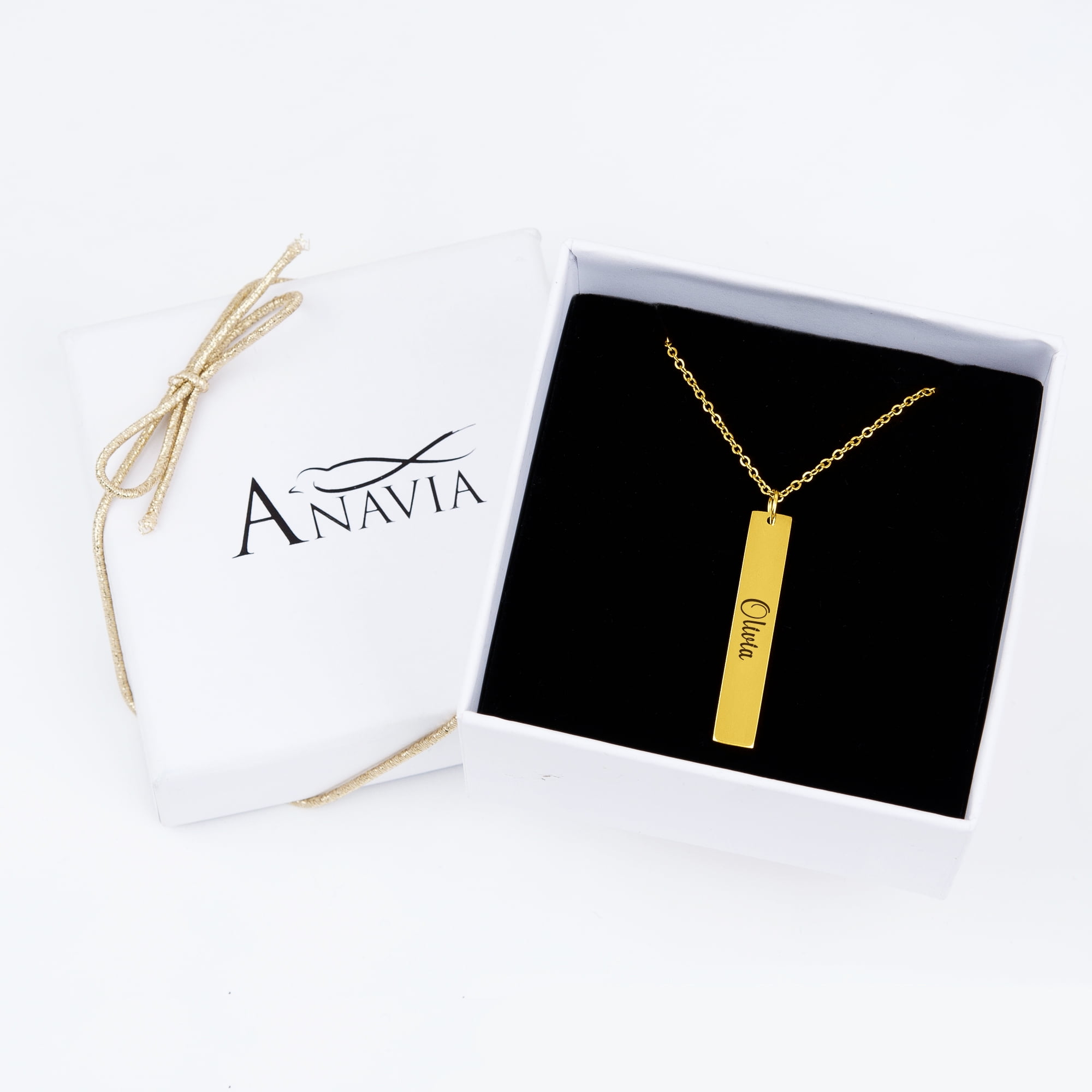 Personalized Women's Stainless Steel Gold Vertical Bar Name Necklace Custom Made Birthday Gift for Girlfriend Engravable Gift for Mom Free Jewelry Gift Box Ships Next Day