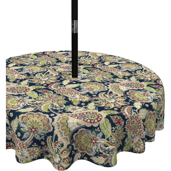Outdoor/Indoor Round Tablecloth, Patio Stain Resistant Table Covers with Umbrella Hole and Zipper for Patio Garden Buffet Table Decoration, 60 Inch,Paisley Sapphire Blue
