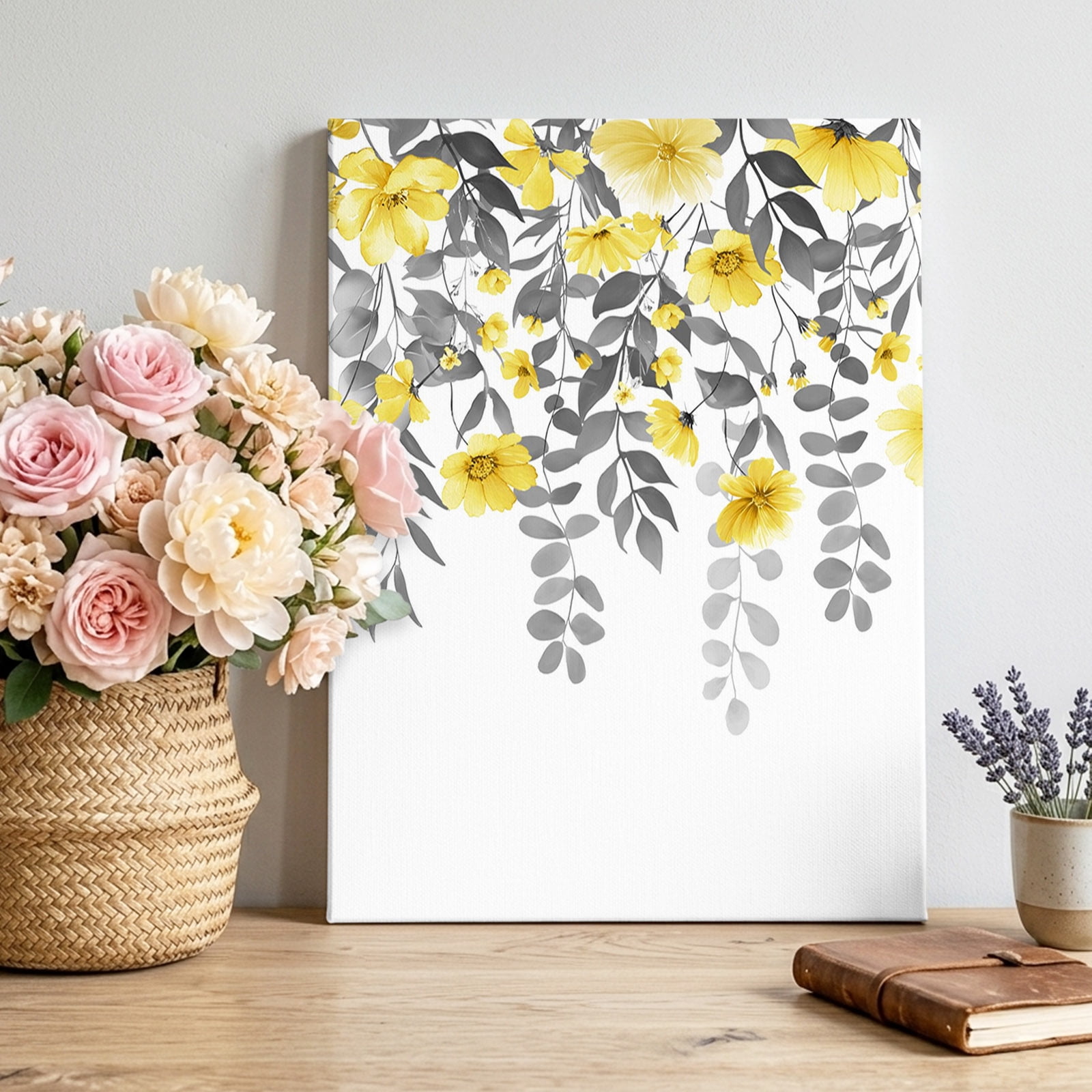 Spring Summer Flowers Canvas Wall Art for Living Room, Vintage Watercolor Yellow Floral Grey Leaf Plant Poster Print Painting for Bedroom Office Home Decoration Wall Pictures Prepare To Hang 16"x24"