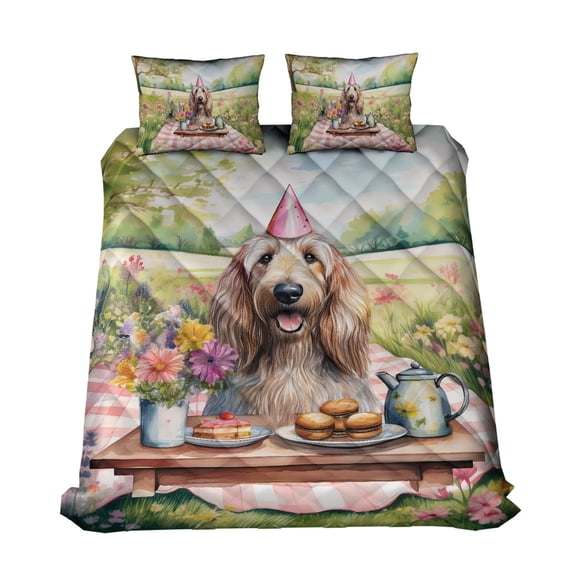 Happy Mother's Day Afghan Hound with Sweets and Flowers at a Picnic Quilt Bedding Set Dog Lover 1 Blanket Bed Cover 2 Pillowcases - 13005