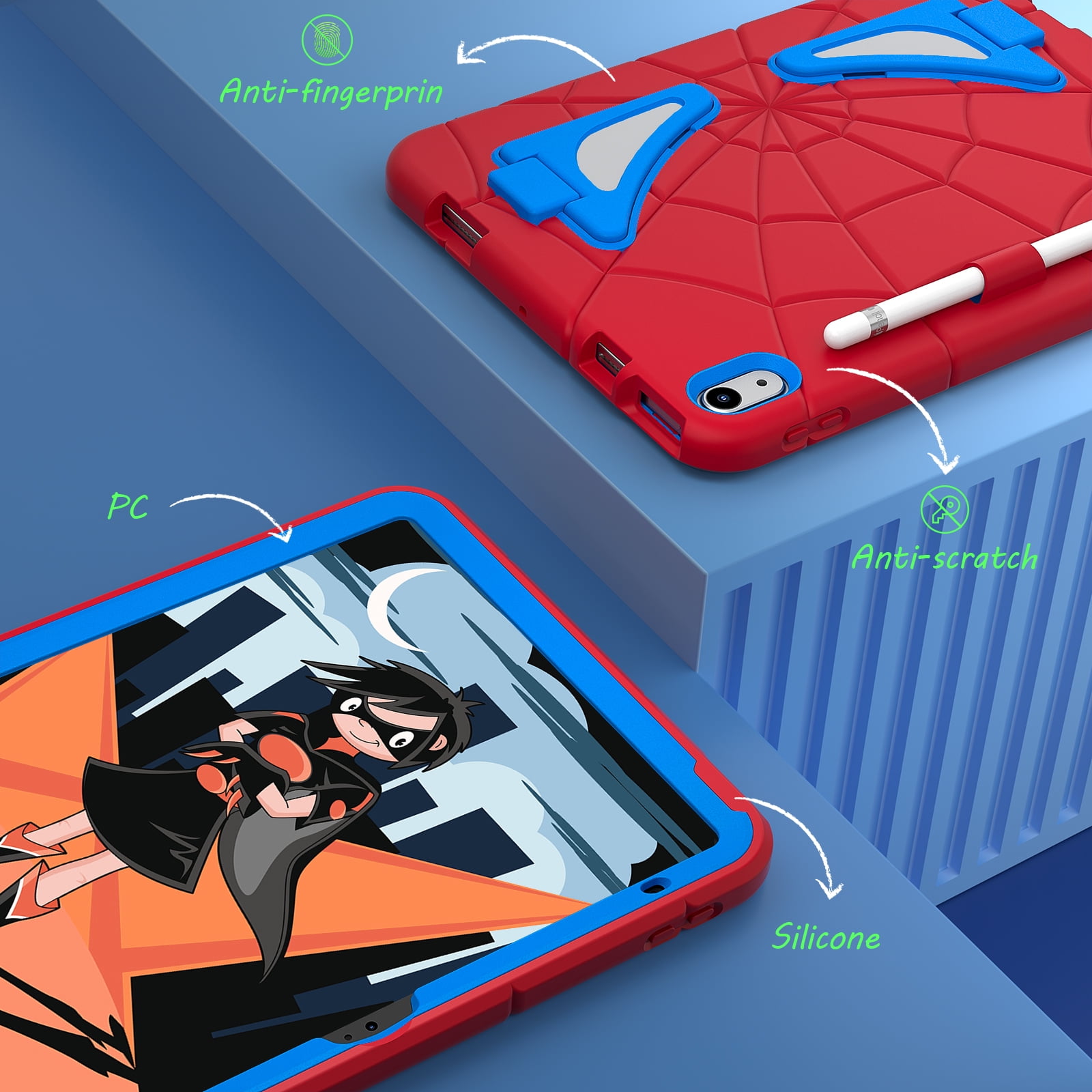 Kids Case for iPad A16 11th Generation 2025 / 10th Gen Case 2022, with Pencil Holder/Kickstand/Shoulder Strap Heavy Duty Protection Rugged Shockproof Hybrid Boy Girl Children Cover, Red + Blue