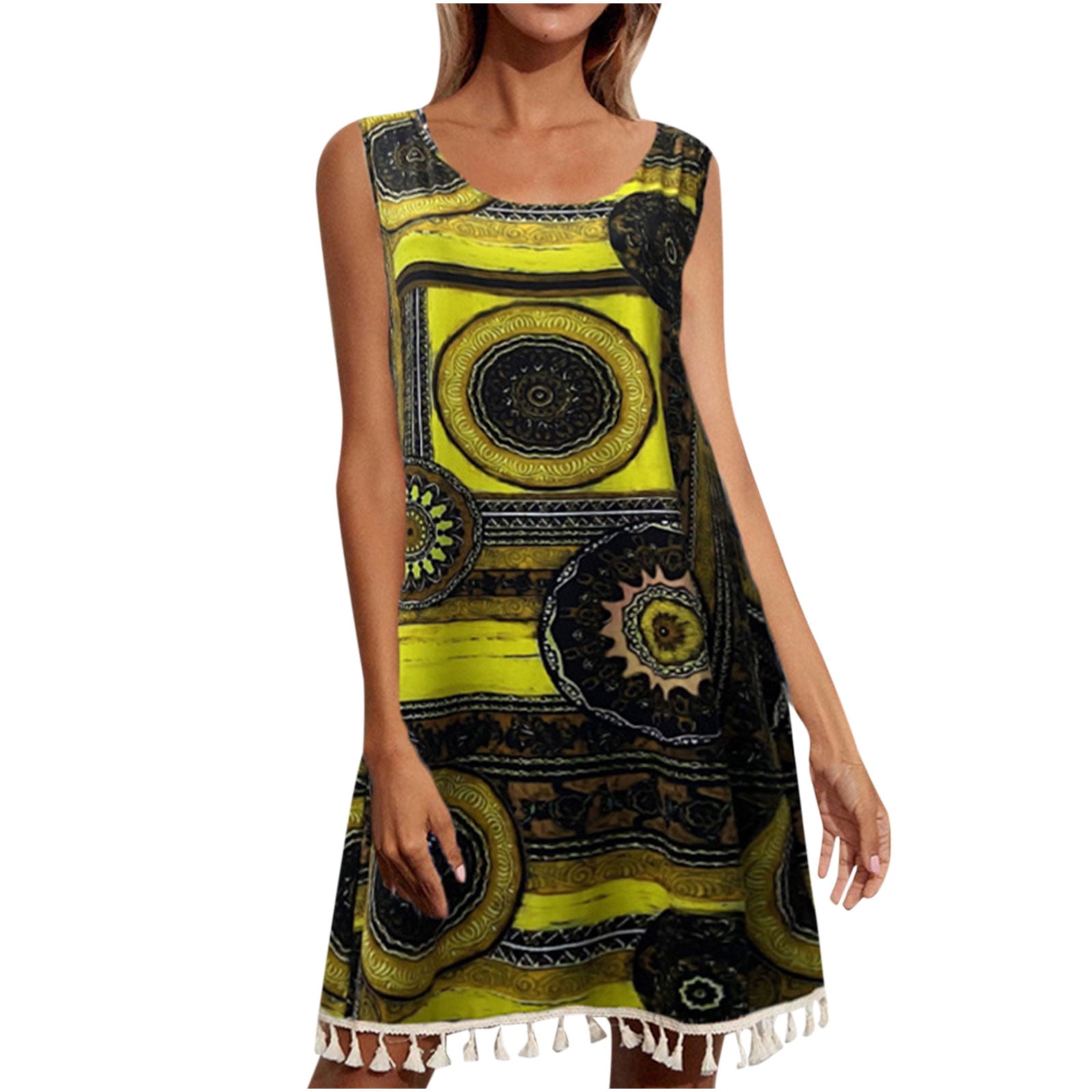 ClearanceSale Dresses for Women 2023 Sleeveless Printing Tassel Dress