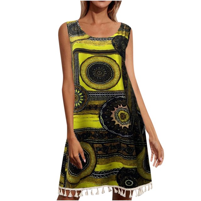 Pompotops Femmes Mode Rétro Sans Manches Col Rond Décontracté Imprimé Robe Pompon