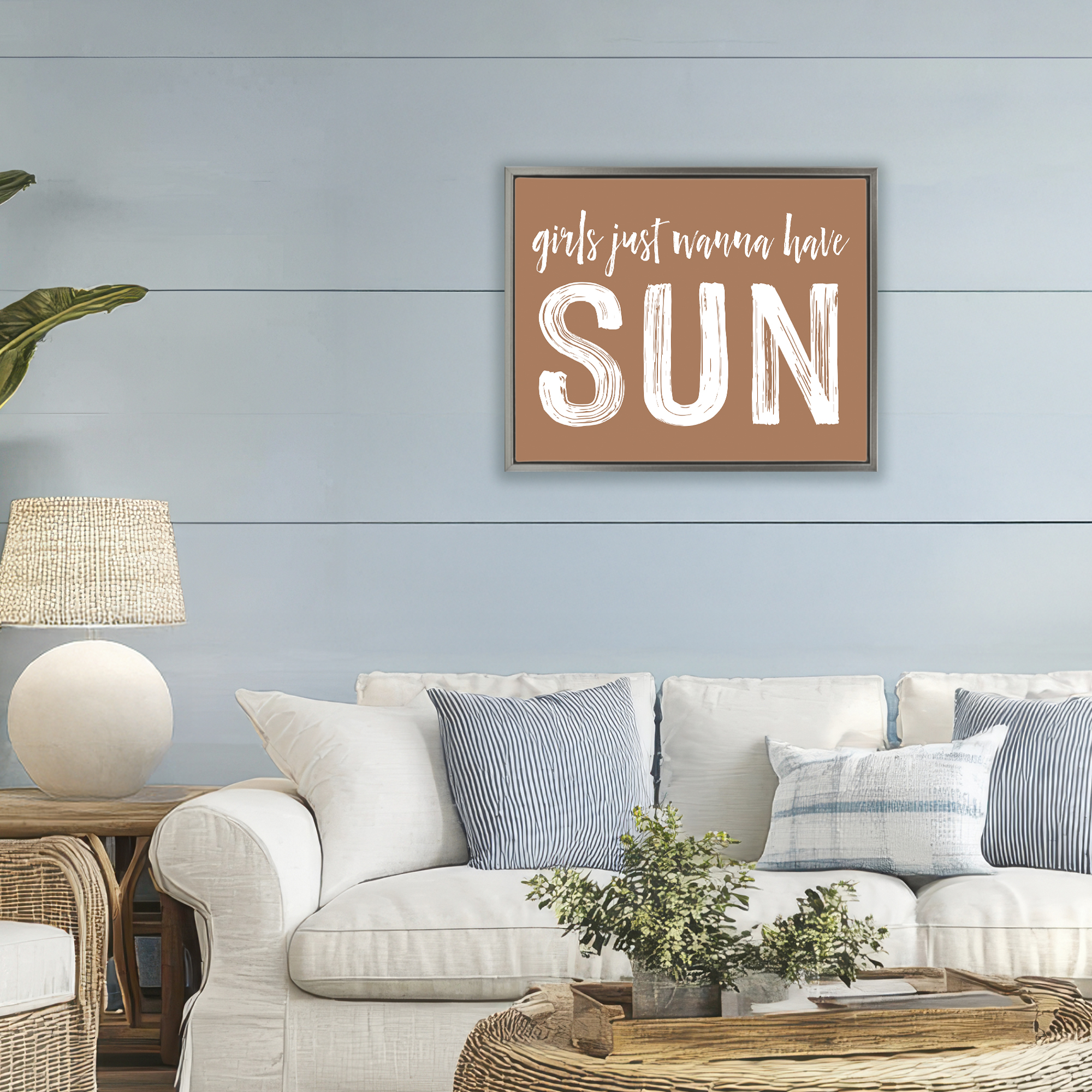 Girls Wanna Have Sun Brown Gray Framed Floater Canvas Wall Art, design by Lettered and Lined